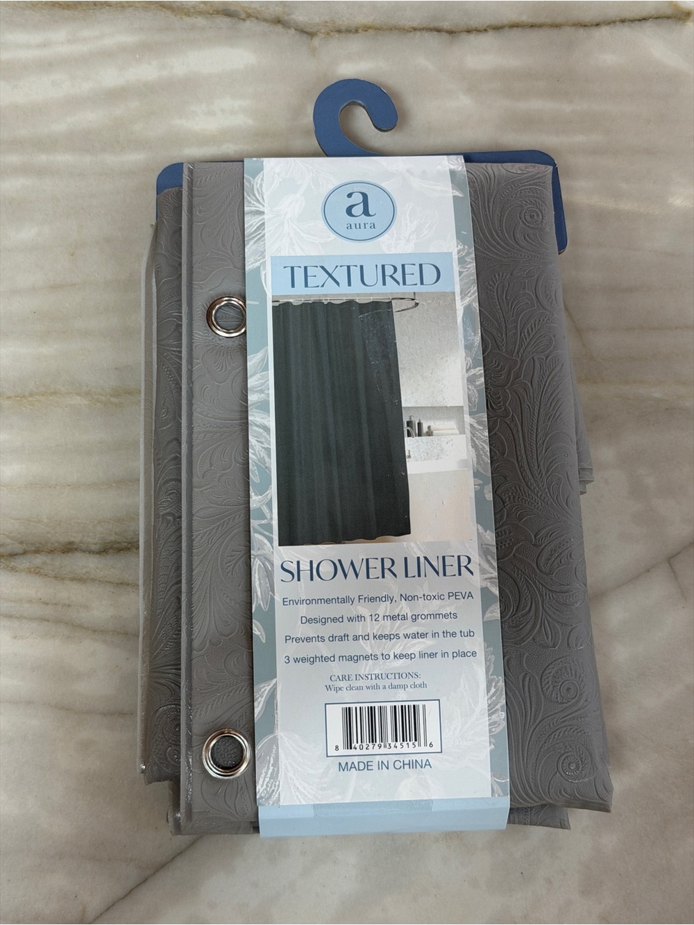 Aura Gray Textured Shower Liner with Metal Grommets